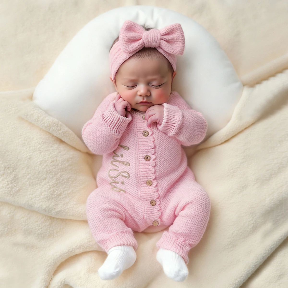 Ylsteed Conjunto de 2 piezas de punto para recién nacido con diadema con lazo, pelele bordado de bienvenida para bebé para sesión de fotos y uso diario de 0 a 3 meses