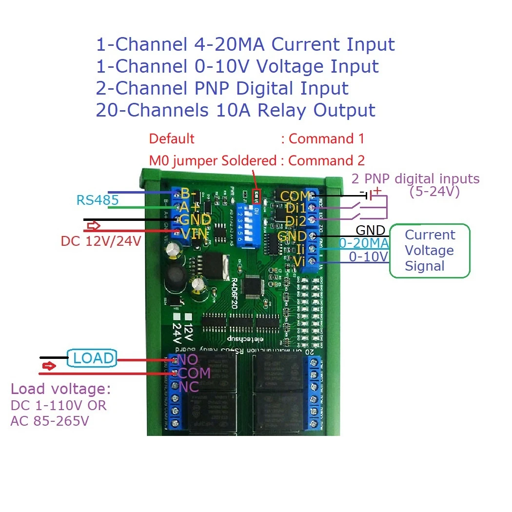 Módulo IO analógico Digital de interruptor RS485 integrado de 20 canales con expansión Modbus RTU PLC UART, lectura de voltaje de 0-10V de corriente de 4-20MA