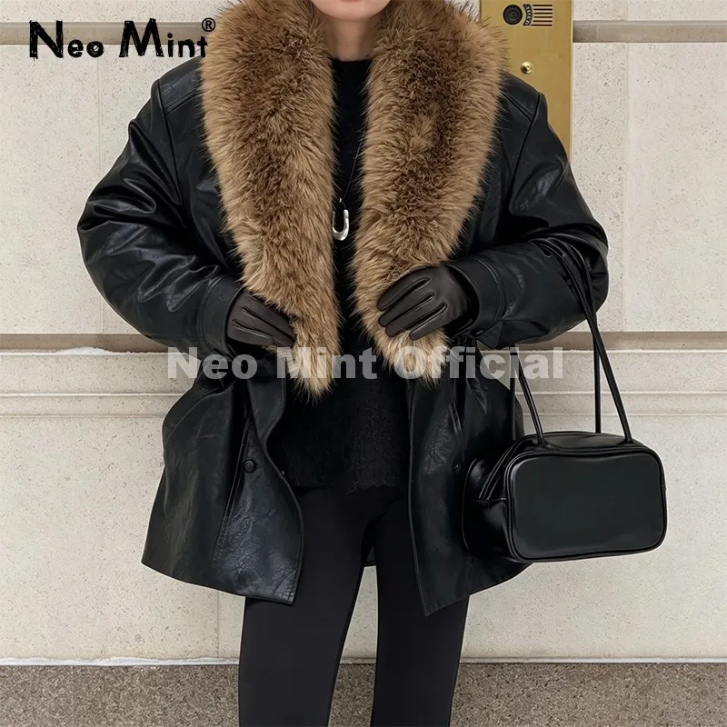 Abrigo Largo de Cuero Sintético Negro de Diseño de Moda de Marca de Lujo Neo Mint para Mujer, Chaqueta de Cuero PU Extra Grande con Cuello de Piel Desmontable