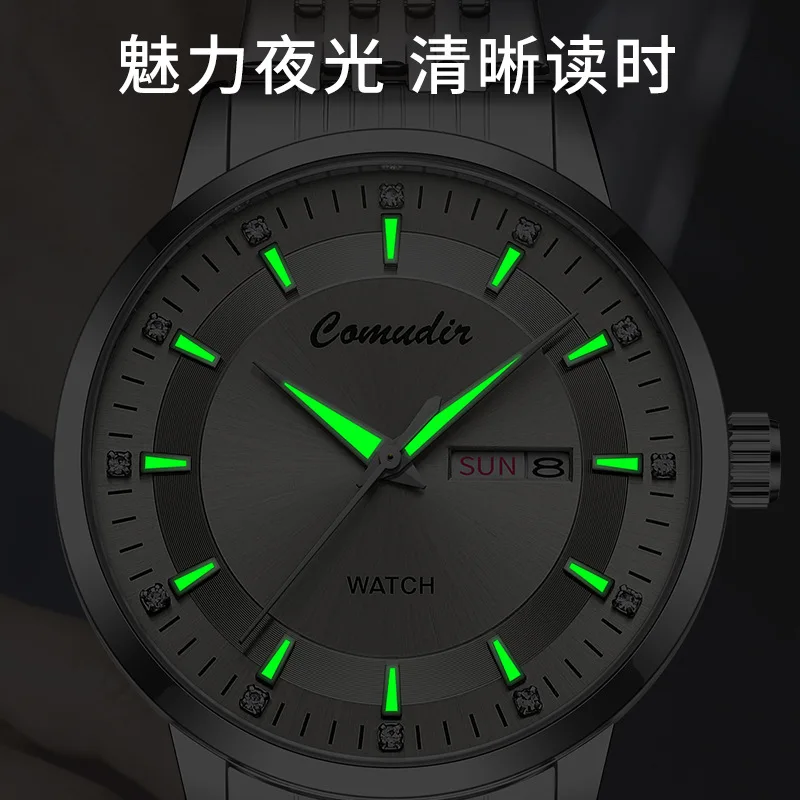 Reloj de hombre plateado no mecánico con correa de acero, diseño hueco, resistente al agua, luminiscente en la oscuridad, con doble calendario y noctilucente.