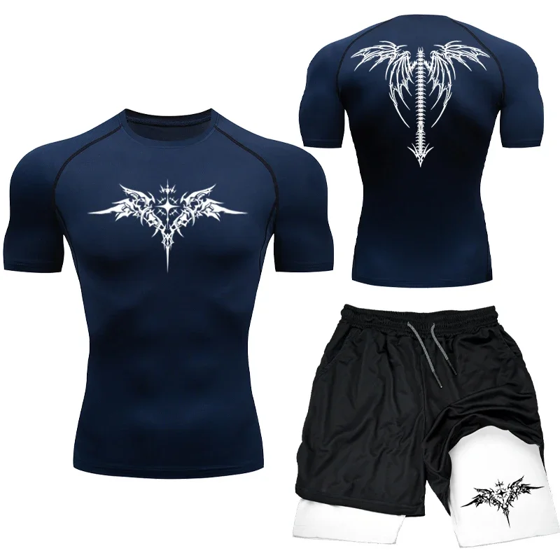 Nuevo conjunto de compresión de boxeo MMA, ropa deportiva para hombres, pantalones cortos de gimnasio de secado rápido, camiseta para correr, entrenamiento, traje deportivo ajustado Rashguard, 2 uds.