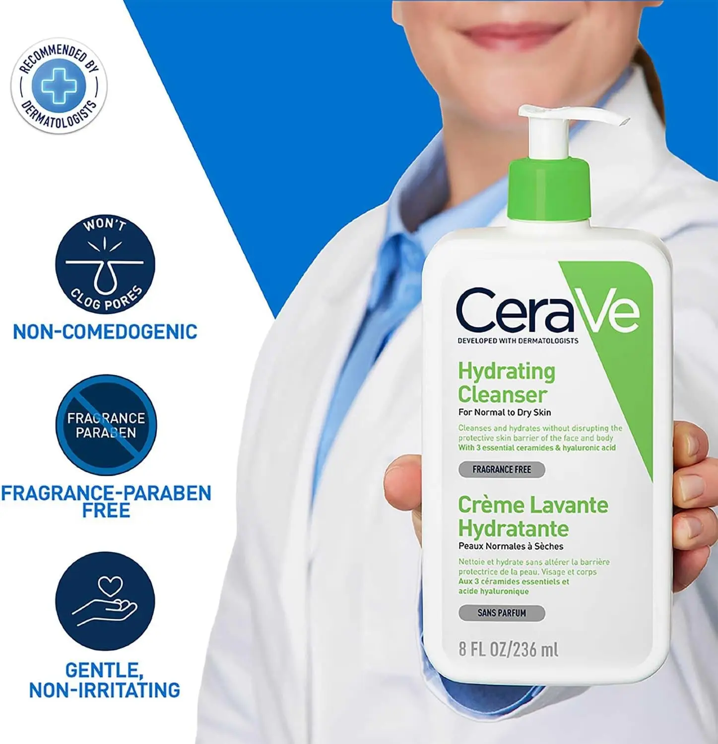 Limpiador Hidratante CeraVe 236ml, Lavado Suave Multiusos para Rostro y Cuerpo con Piel Normal a Seca, Sin Fragancia