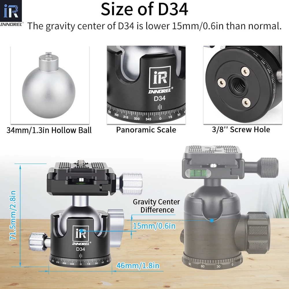 INNOREL trípode profesional cabeza de bola centro de baja gravedad 360 panorámica CNC 28mm/34mm bola para trípode monopié carga 10kg/15kg