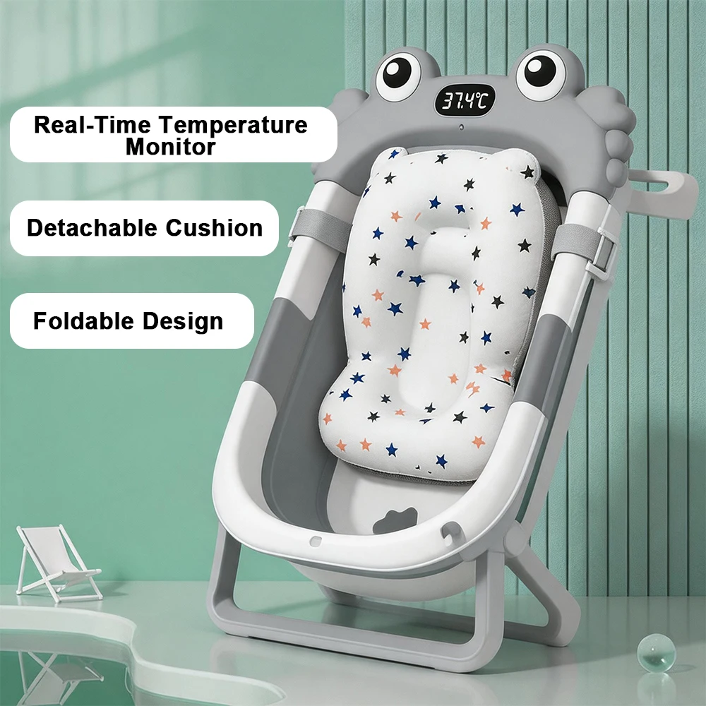 Bañera plegable para bebés con tapete antideslizante, bañera para bebés con termómetro integrado, bañera portátil para bebés de 0 a 36 meses