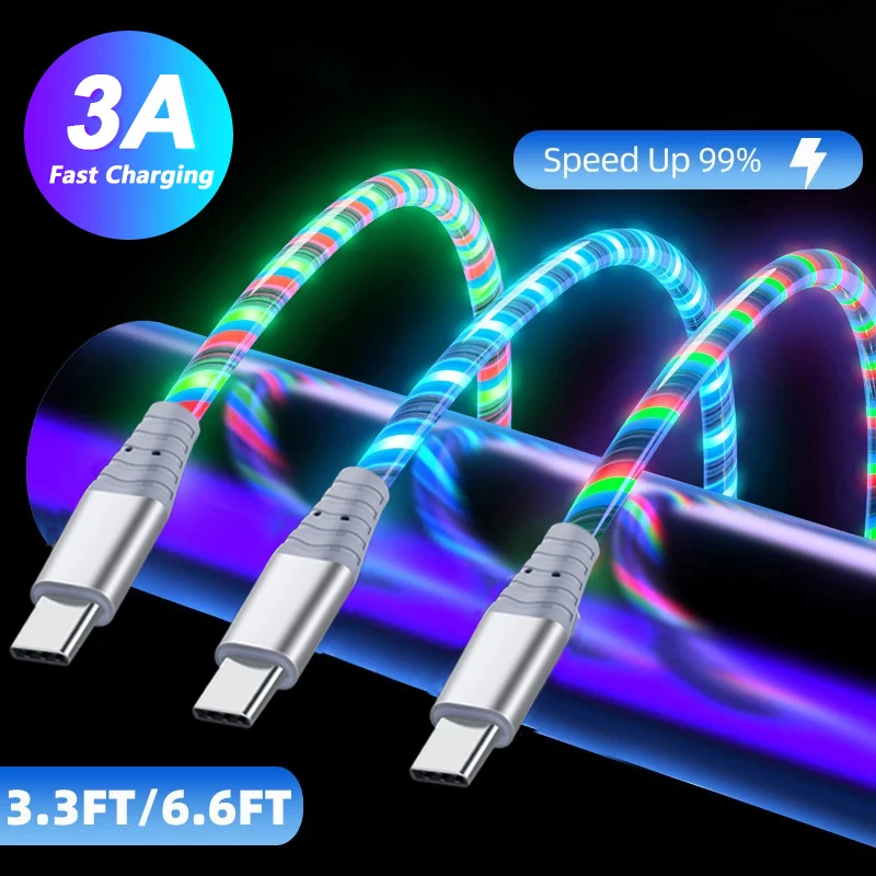 Cable brillante 3A, luz LED que fluye, Cables Micro USB tipo C para Samsung iPhone 13, Xiaomi, Huawei, Cable de carga para teléfono móvil