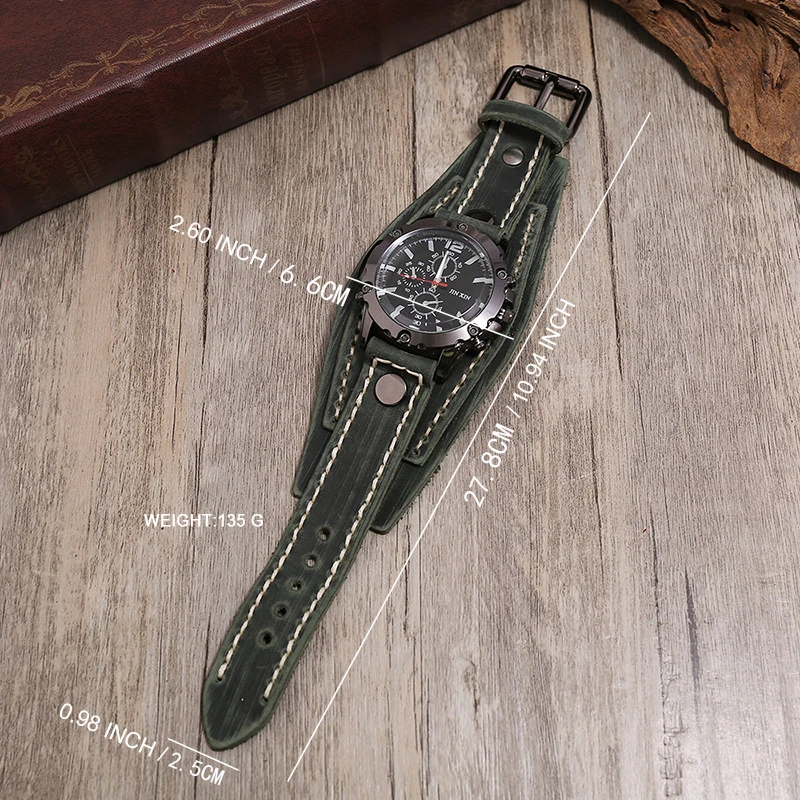 Relojes de cuarzo para hombre, reloj de pulsera de lujo 2024, correa de reloj de piel de vaca, reloj de estilo Punk para hombres, pulseras anchas de cuero genuino