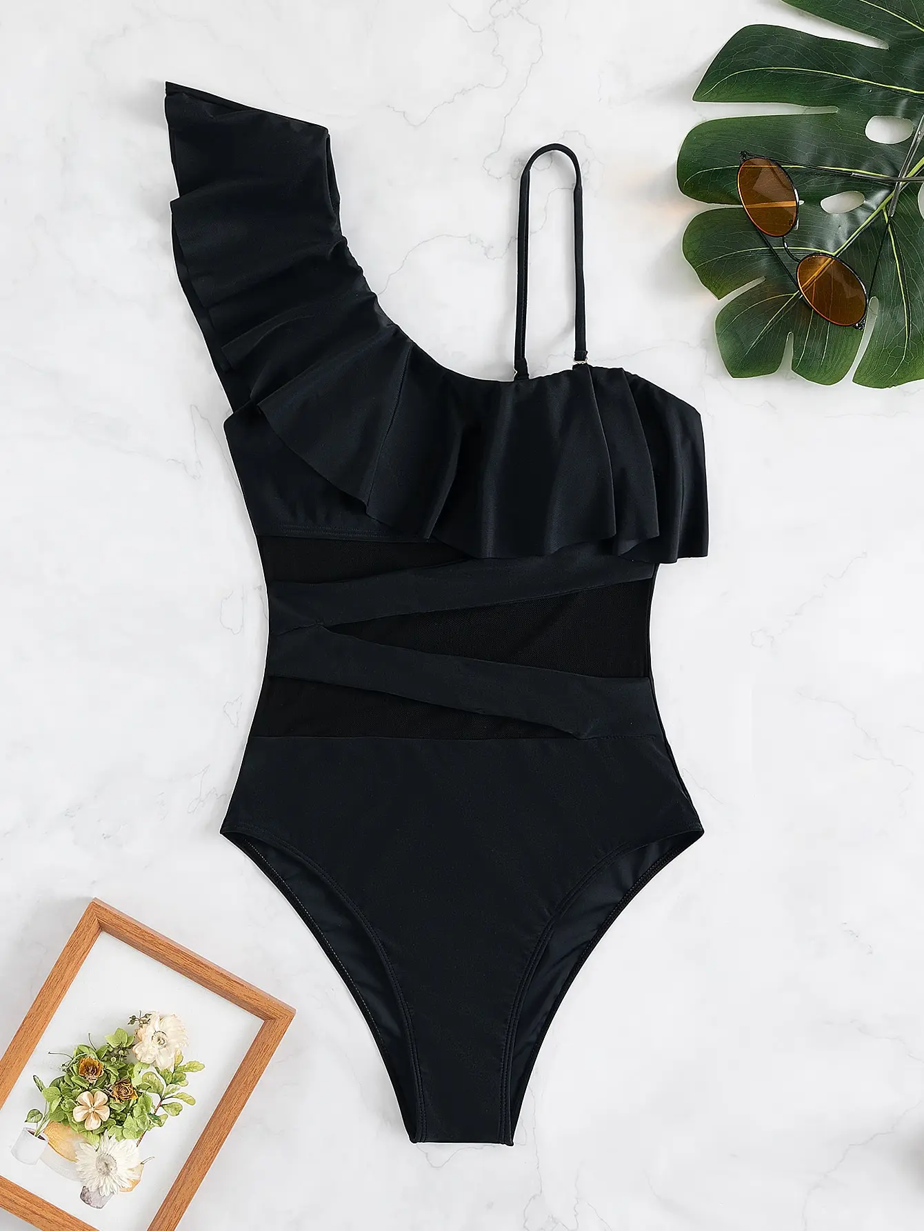 Traje de Baño de Una Pieza con Volantes y Malla en Contraste para Mujer 2026 - Bodysuit Deportivo para Natación y Playa