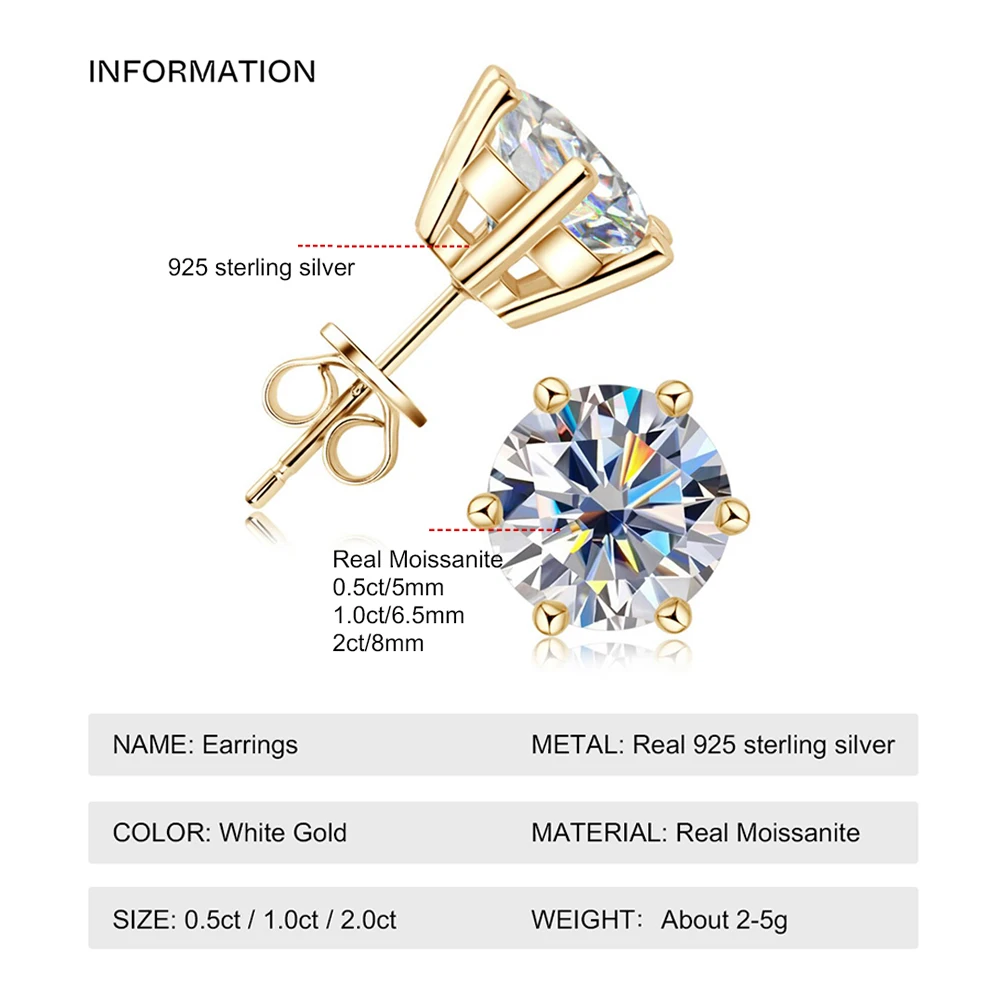 0.5-2ct Moissanite Diamond Stud Pendientes 18K Chapado en oro amarillo 925 Pendiente de boda de plata para Mujeres Hombres Joyería de lujo con GRA