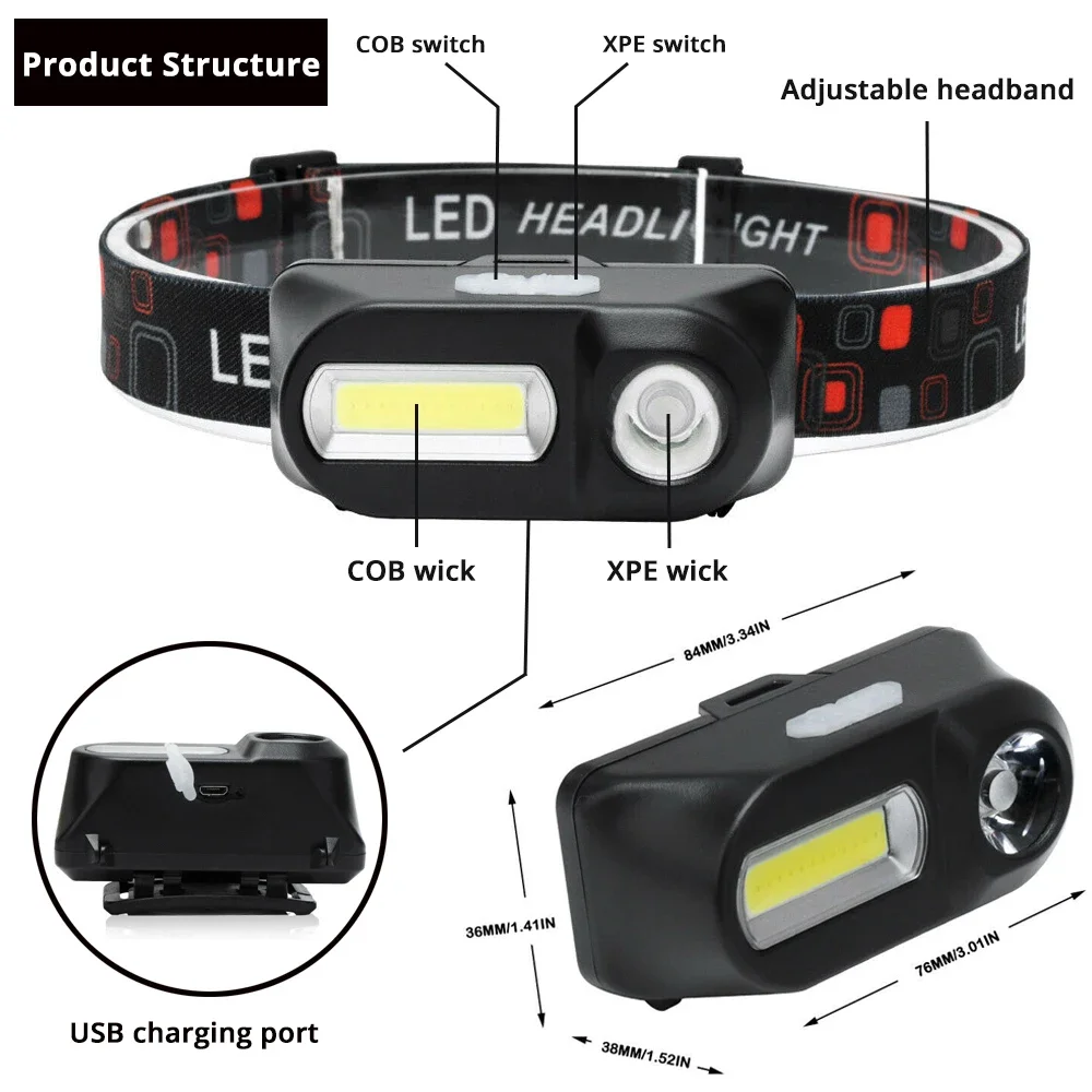 Linterna frontal LED de pesca, luz de Camping portátil Mini XPE COB, lámpara de cabeza USB, linterna de pesca, uso de antorcha 18650