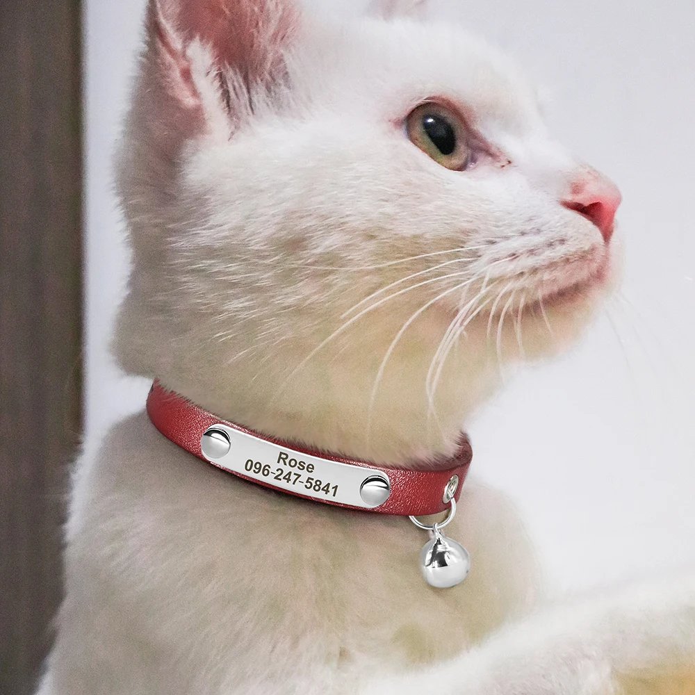 Collar de gato personalizado, collares de cuero ajustables para gatos, collares personalizados con nombre de cachorro y gatito, accesorios antipérdida para gatos