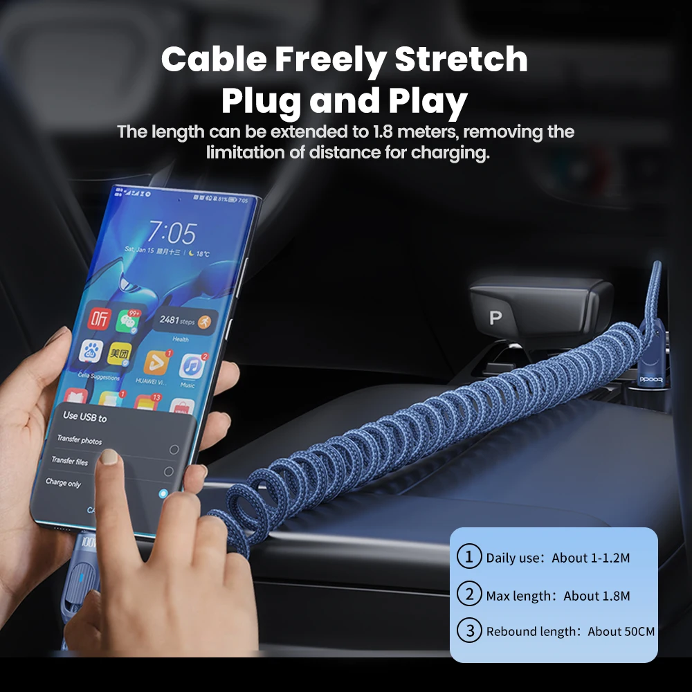 Toocki-Cable USB tipo C a USB, cargador telescópico de 100W para teléfono de coche, Cable tipo C para Macbook, iPhone 15, Samsung, Huawei, Xiaomi
