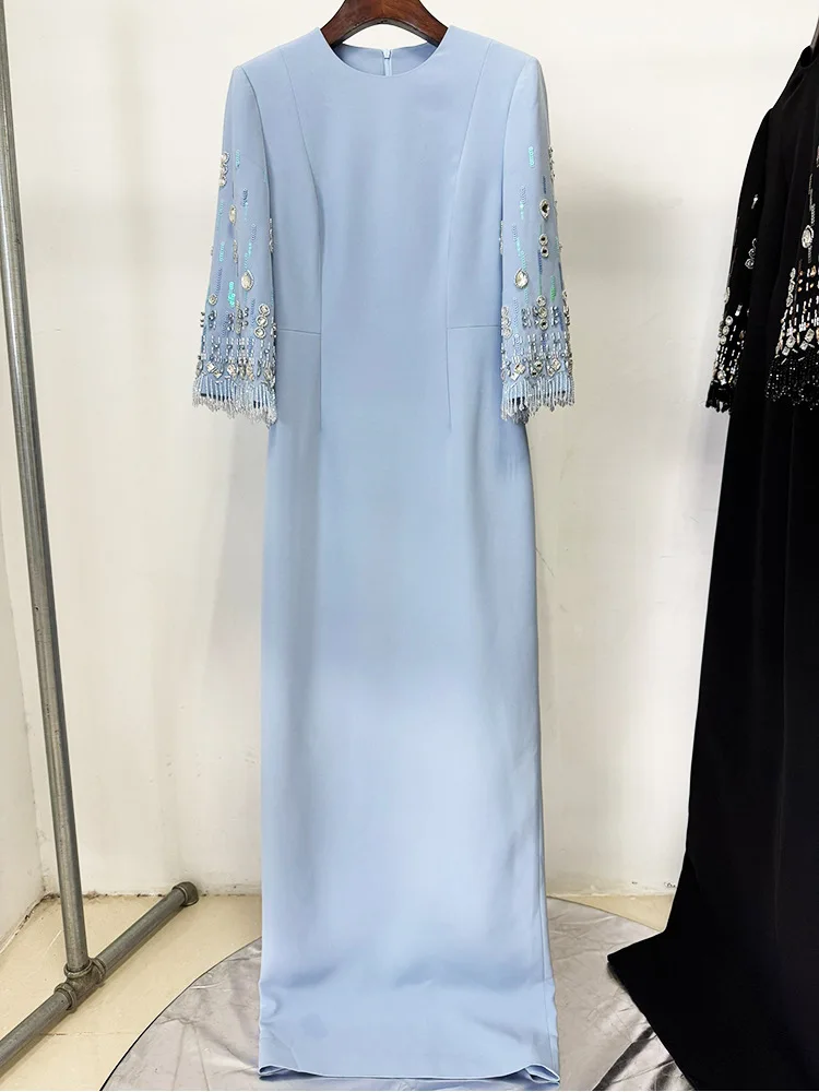 Vestido Largo Maxi de Diseñador de Alta Costura, Nueva Moda 2026, Primavera/Verano, con Media Manga y Cuentas Impresionantes para Mujer