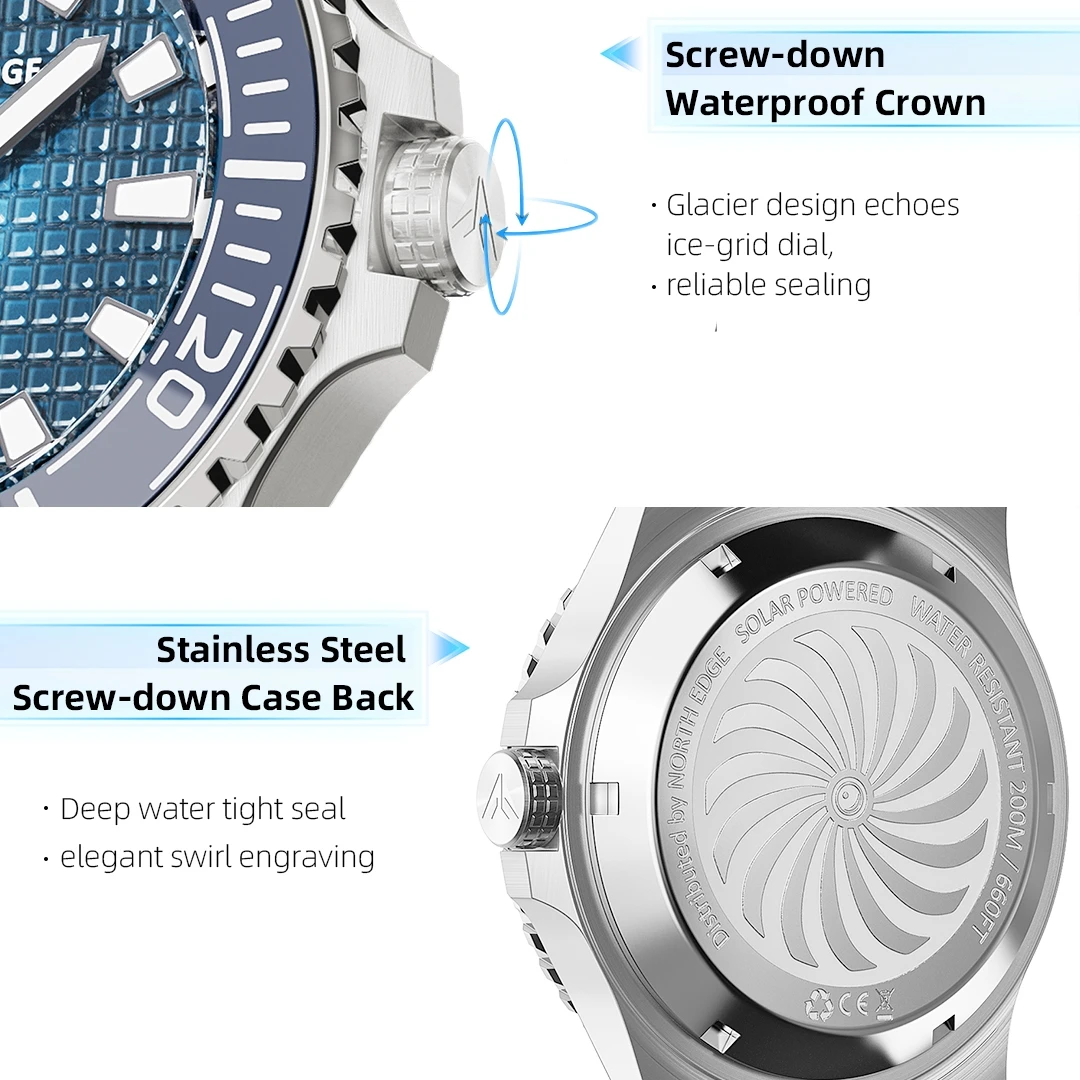 Reloj de Pulsera de Cuarzo para Buceo NORTH EDGE, Nuevo Diseño ABYSS, Energía Solar, Resistente al Agua 200M, Reloj Deportivo de Buceo, Correa Suave 316L, Relojes para Hombre
