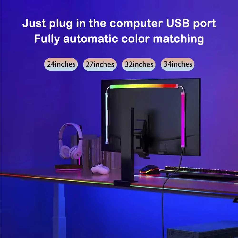 Tira de luces LED USB para PC de 24-34 pulgadas, Monitor de tira de luz de sincronización de ordenador, retroiluminación LED de pantalla RGB para decoración de ambiente de sala de juegos