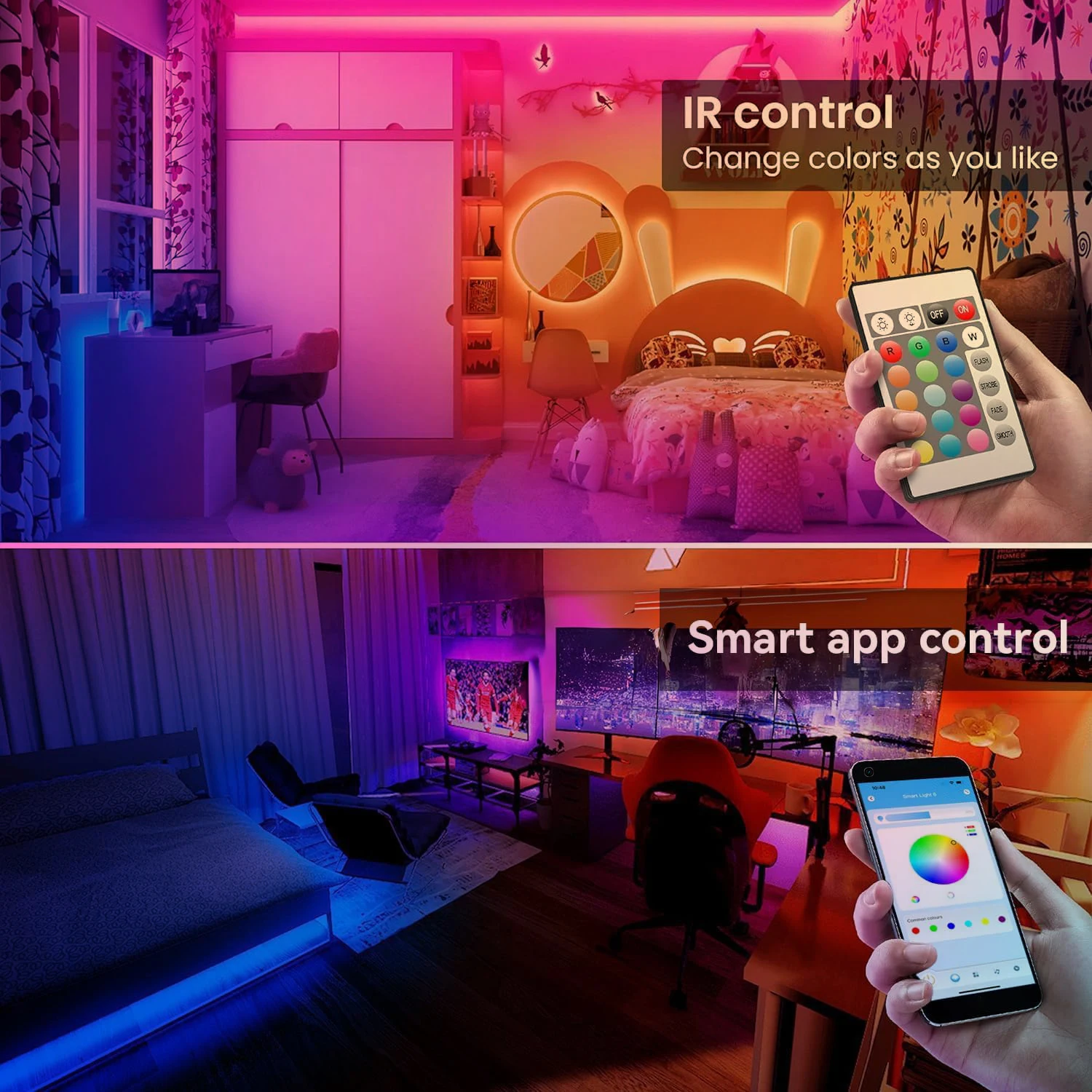 Tira de luces LED RGB inteligente de 25/50/100/130/200 pies, control por aplicación y control remoto de 24 teclas, sincronización con música, 24 V, múltiples modos para sala de estar, dormitorio, patio, fiesta, decoración de Halloween y Navidad