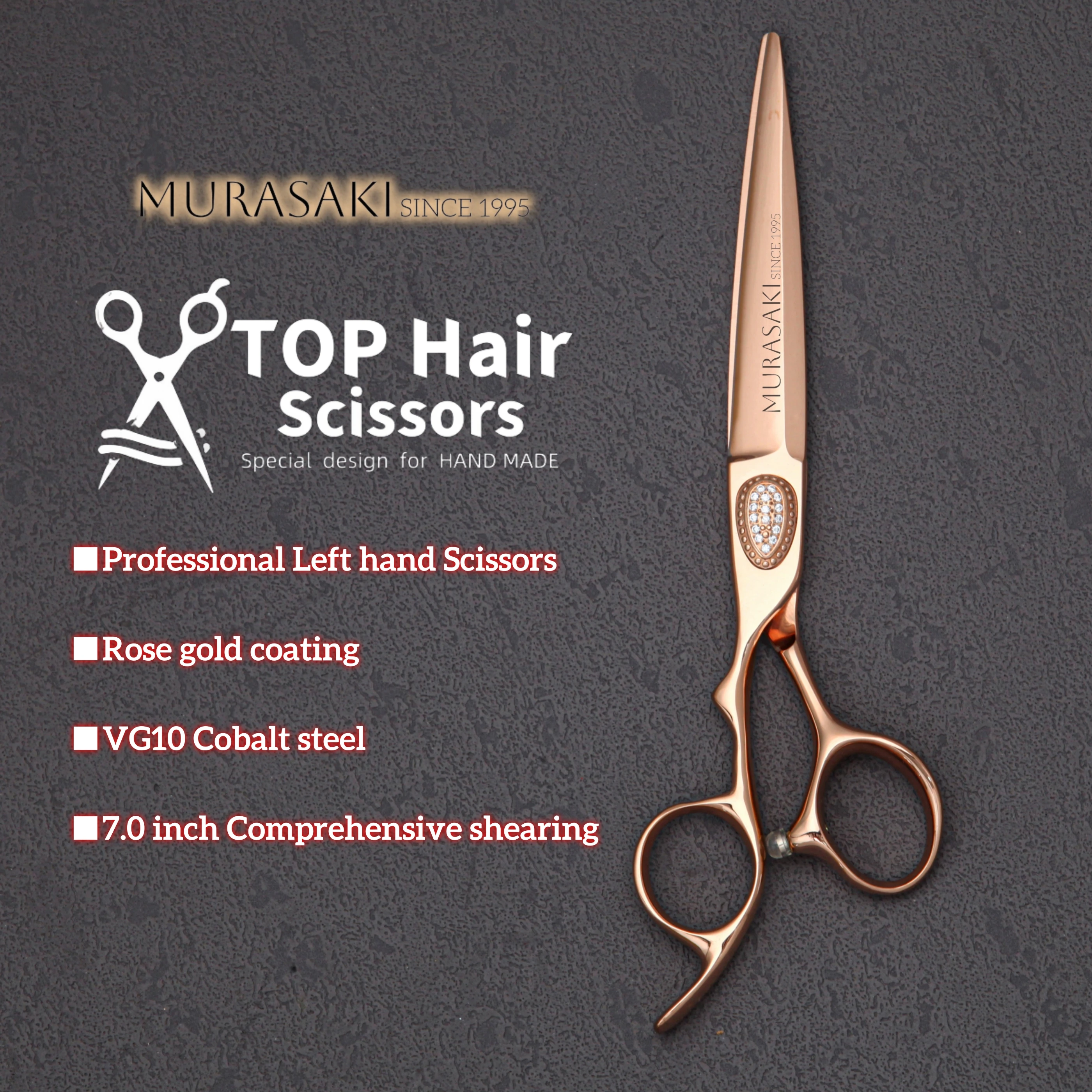 Tijeras MURASAKI para zurdos de 6.0-7.0 pulgadas, revestimiento de oro rosa, tijeras de peluquero de acero metálico VG10, herramientas de corte de cabello de alta calidad para salón.