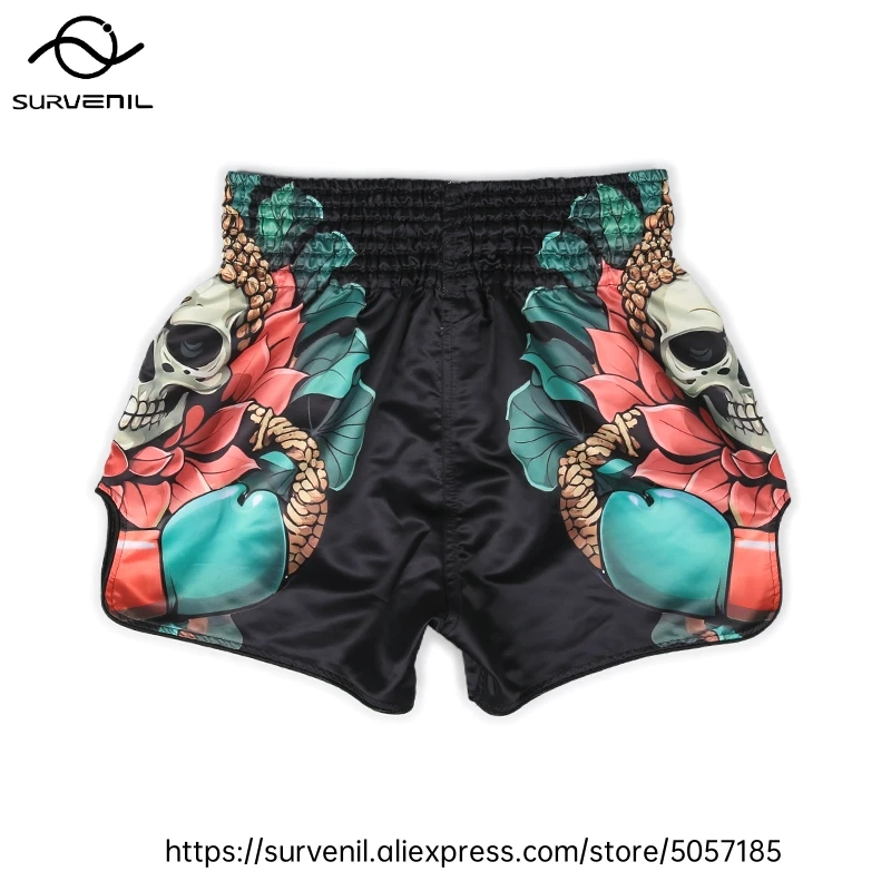Pantalones cortos Muay Thai para hombres y mujeres, pantalones cortos de entrenamiento de lucha MMA transpirables, equipo deportivo de combate de secado rápido, pantalones cortos de boxeo sublimados con calavera