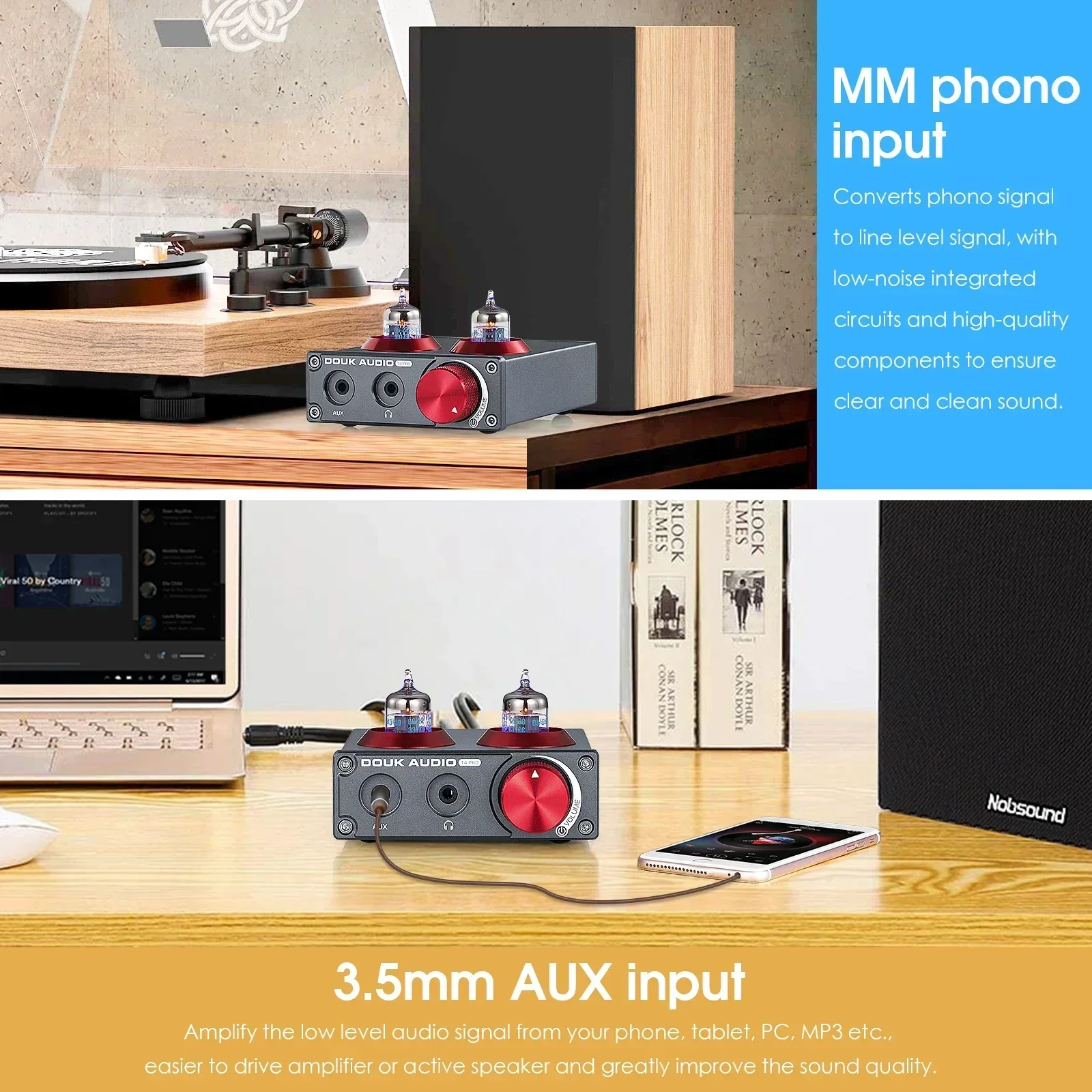 Preamplificador de Audio Douk Audio Mini con Válvulas, Amplificador de Auriculares, Preamplificador de Audio Estéreo HiFi para Teléfono/Tocadiscos/MP3