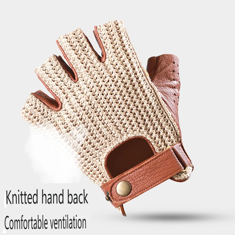 Guantes de cuero sin dedos para motocicleta Retro para hombre para conducir y montar, guantes de medio dedo transpirables de punto