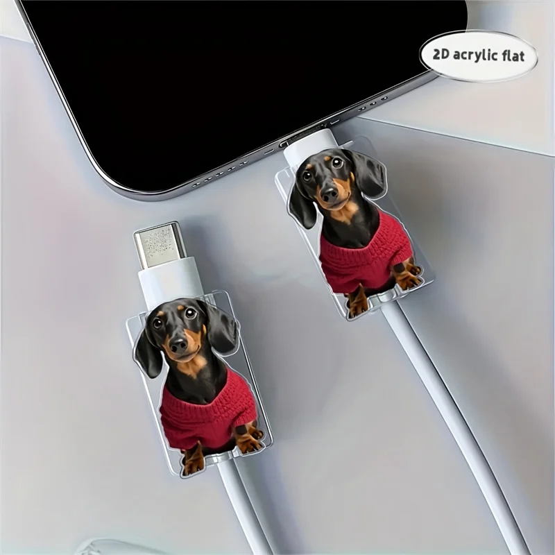 2 uds 2D plano perro salchicha patrón Cable Protector conector plástico teléfono cargador Cable cubierta para iPhone/tipo-c