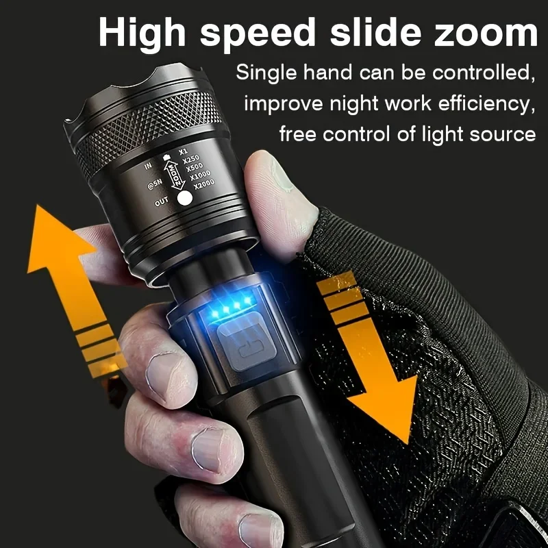 Linterna con Zoom telescópico, Luz LED de alta potencia recargable por USB, linterna táctica portátil para exteriores, luz fuerte