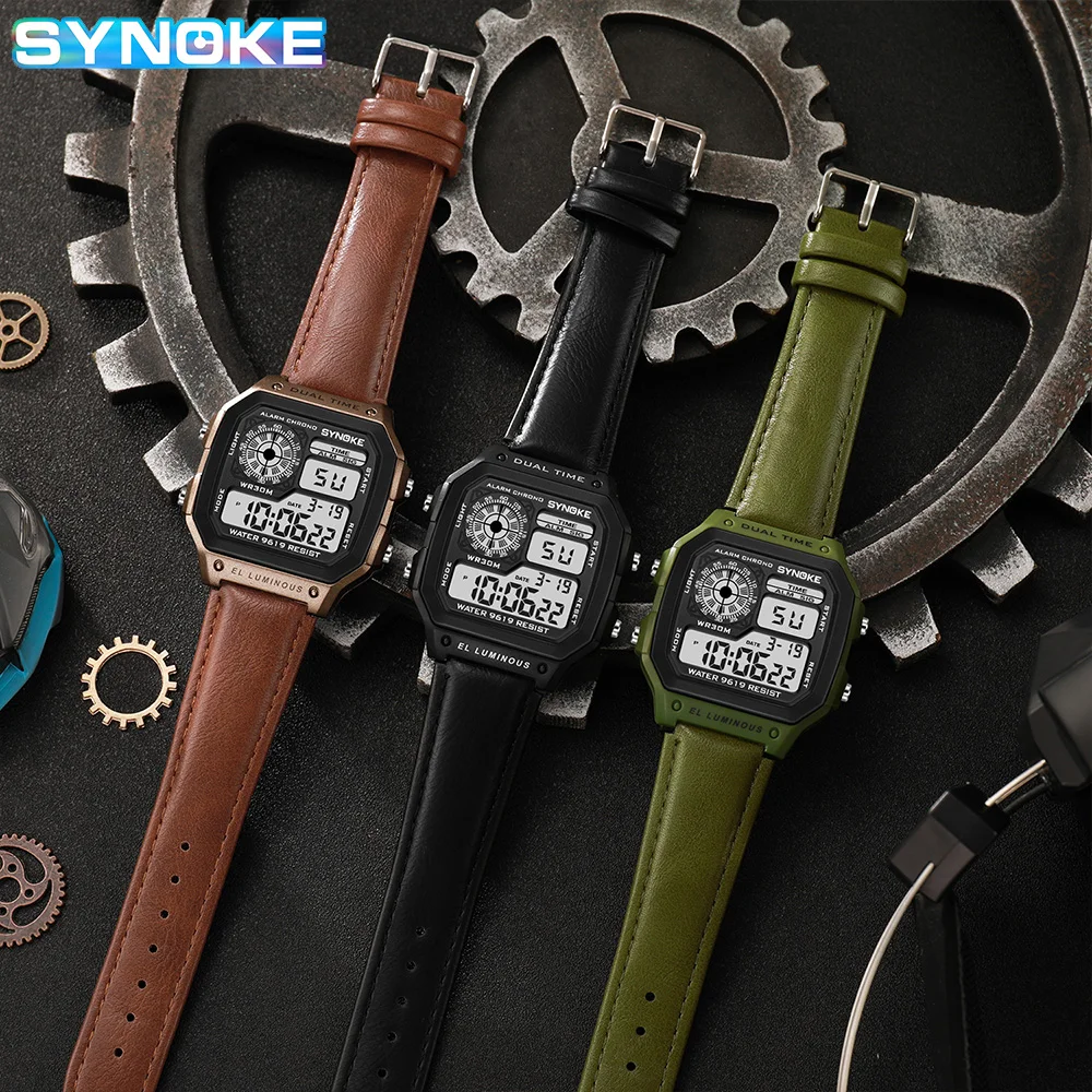 Reloj con correa SYNOKE para hombre, reloj Digital LED luminoso multifuncional para deportes al aire libre, reloj Digital de cuero PU para hombre, moda Retro