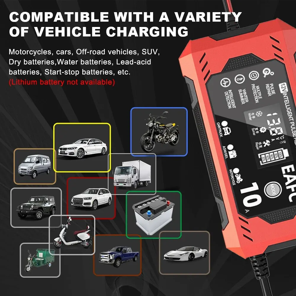 Cargador de batería de coche 12V 8A 10A pantalla táctil reparación de pulso pantalla LCD Digital cargador rápido inteligente para coche motocicleta
