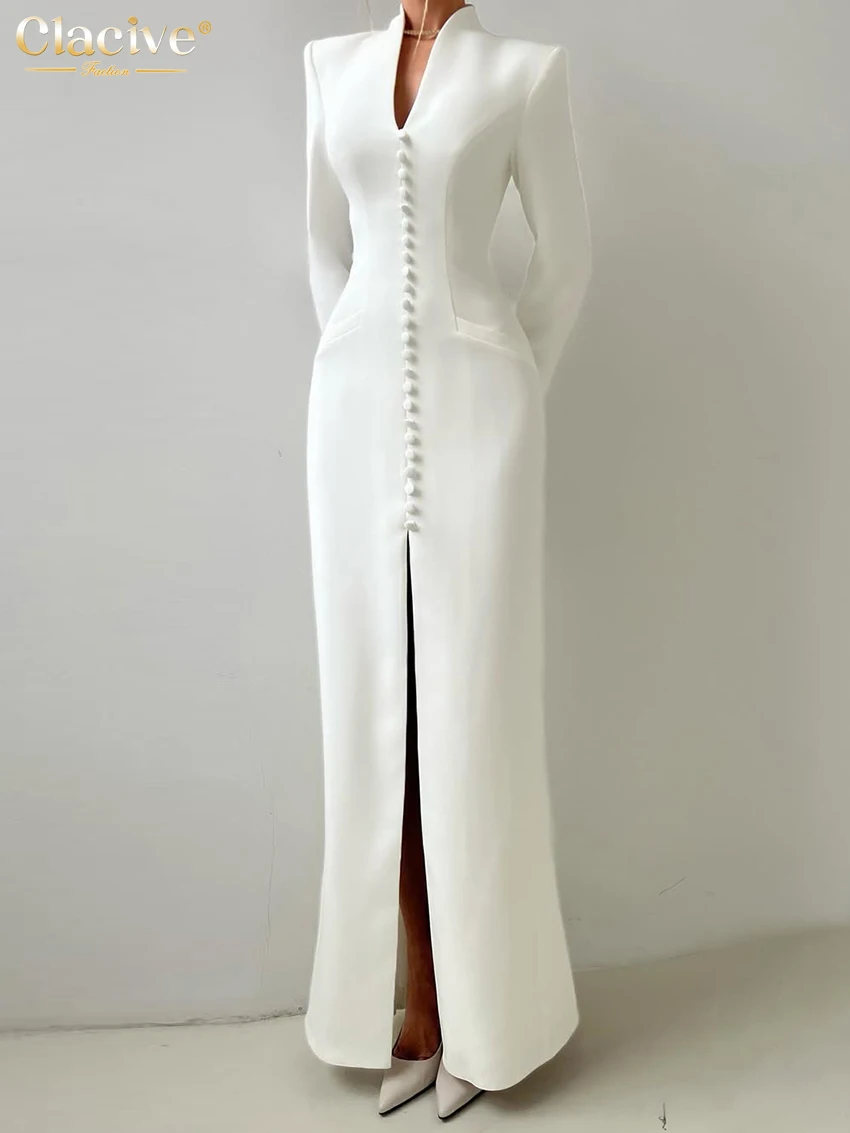 Clacive-vestido blanco ajustado para mujer, moda 2021, cuello en V, manga larga, hasta el tobillo, elegante, clásico, con abertura, para mujer