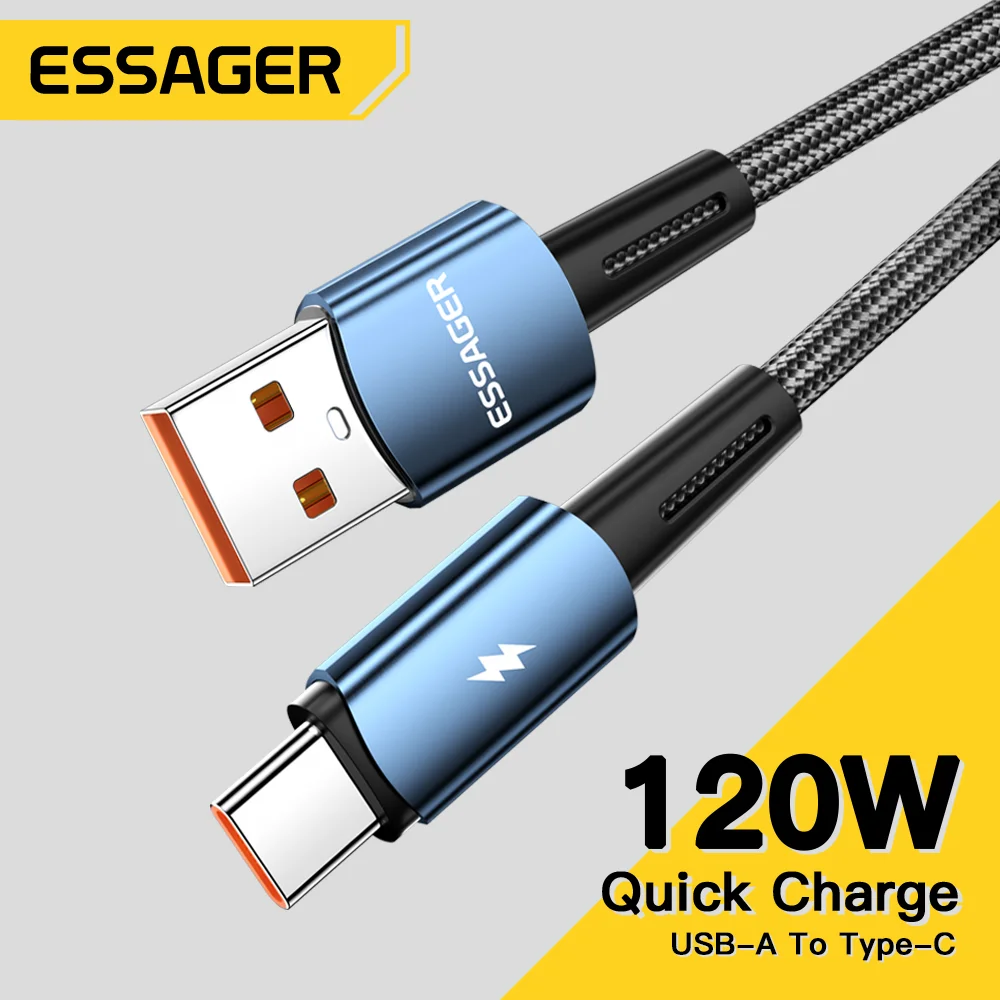 Essager 120W USB tipo C Cable para Xiaomi 12Pro 6A para Redmi K50 Note 11Pro Black Shark 5Pro USB Cables de carga rápida Cable de datos 2m