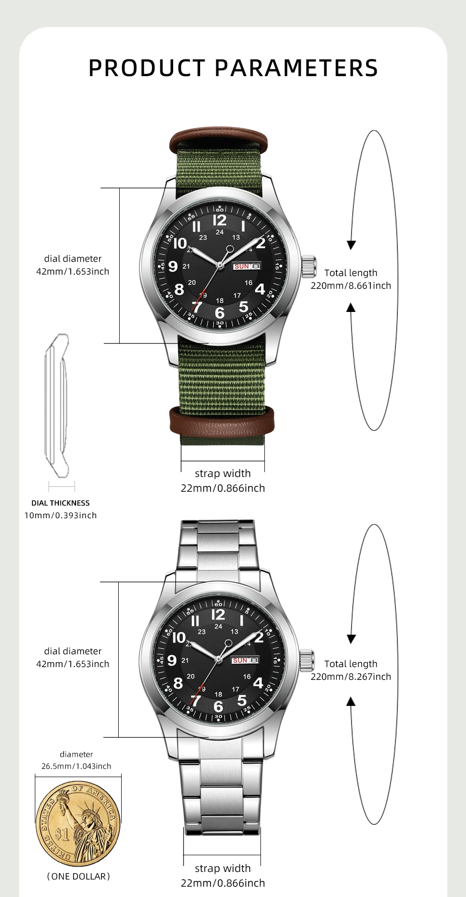 Reloj de Hombre 2026 de 42 mm con Esfera Luminosa que Brilla en la Oscuridad, Fecha y Día, Correa de Lona Verde, Resistente al Agua 30M, Correa Color Caqui