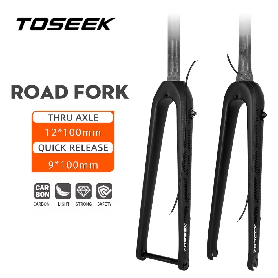 Horquilla de Bicicleta de Carretera TOSEEK T800 de Carbono, Horquilla Delantera para Bicicleta de Carretera 700C*32mm, Eje Pasante 12*100mm, Eje QR 9*100mm, Recto o Cónico