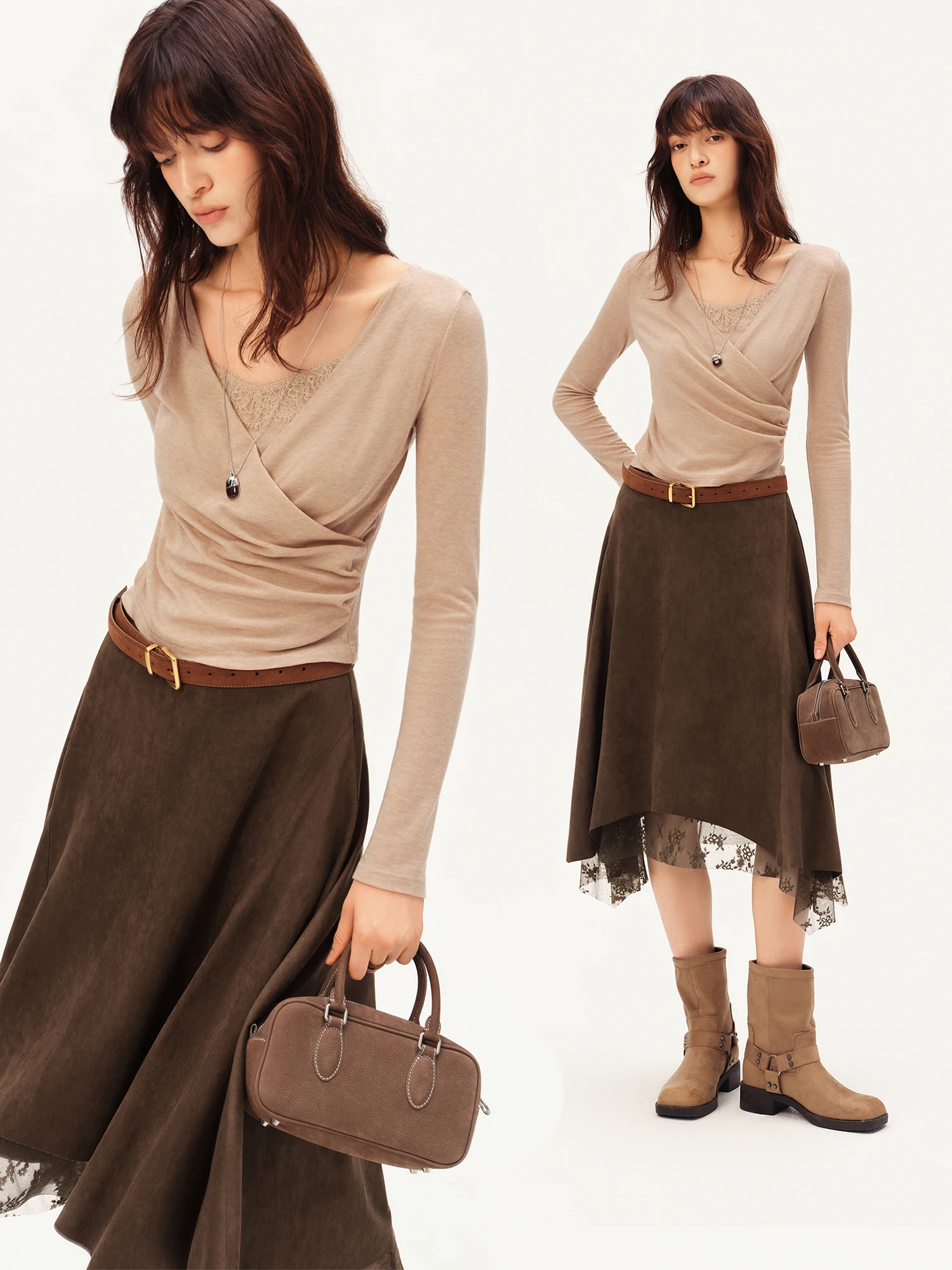 ZIQIAO Camiseta Casual de Manga Larga con Cuello en V Cruzado y Encaje de Lana para Mujer, Estilo Nuevo de Otoño 2026, Sexy y Ajustada para Chicas
