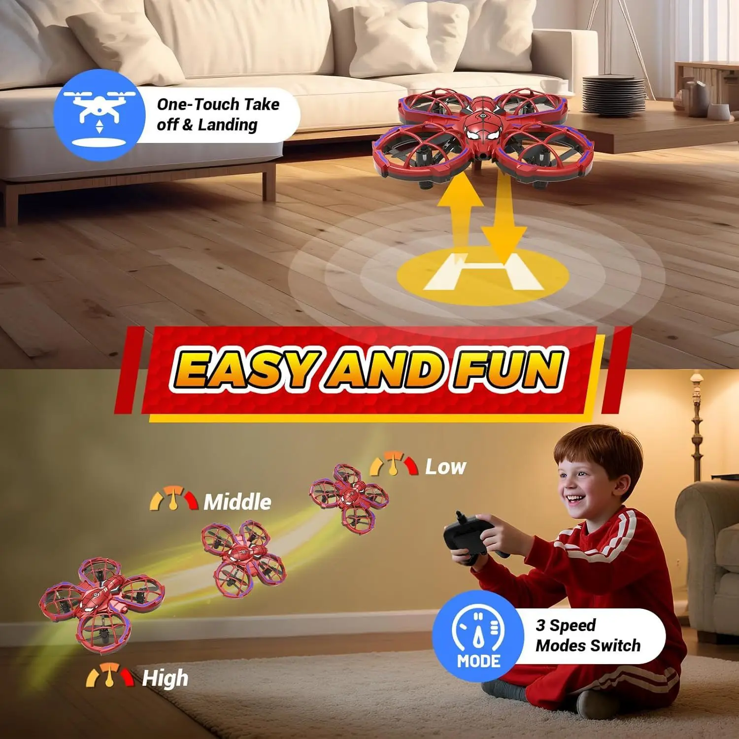 Mini Spider Drone Modos de 3 velocidades Rojo, Evitación de obstáculos, Modo sin cabeza, Entrenamiento de vuelo para principiantes, Juguete de regalo para niños