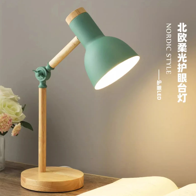 Lámpara de mesa pequeña decorativa nórdica con protección ocular, moderna, sencilla, exquisita, para dormitorio, escritorio, mesita de noche, lámpara de madera de macarrón para niña