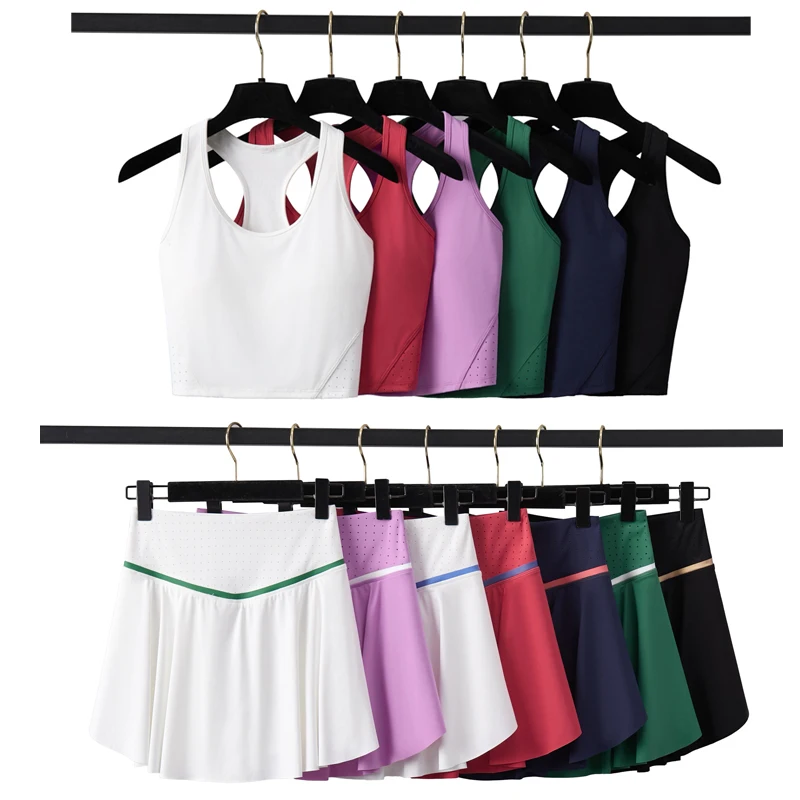 Conjunto de dos piezas de Yoga y Fitness para mujer, traje transpirable para correr al aire libre, falda de tenis elástica suave, ropa de entrenamiento, ropa deportiva corta
