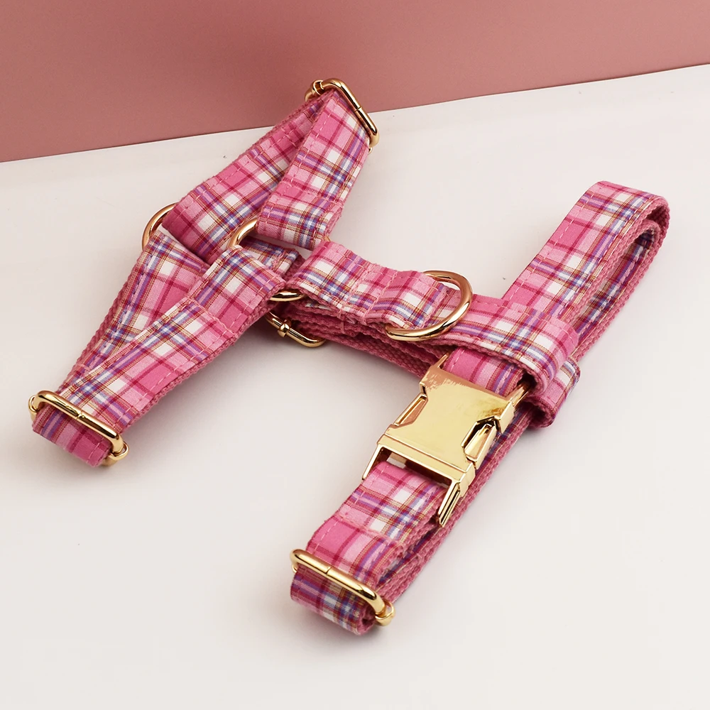 Collar, arnés y correa para perro a cuadros rosa, con placa de identificación grabada personalizada, artículos personalizados para perros