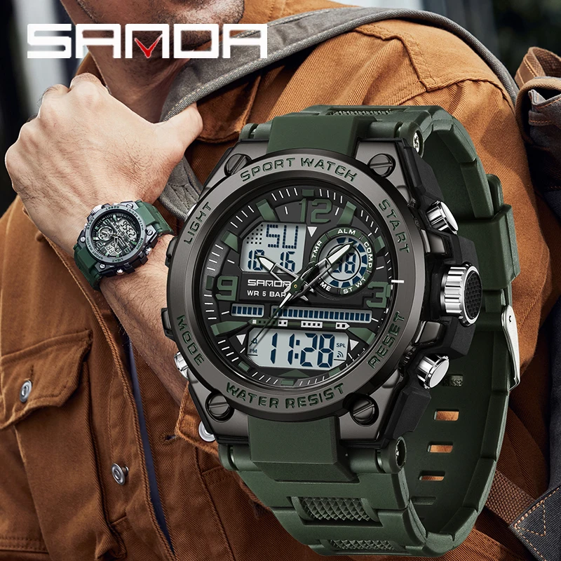 Relojes deportivos de cuarzo SANDA para hombre, relojes de pulsera digitales electrónicos LED con pantalla Dual, reloj militar resistente al agua, relojes masculinos