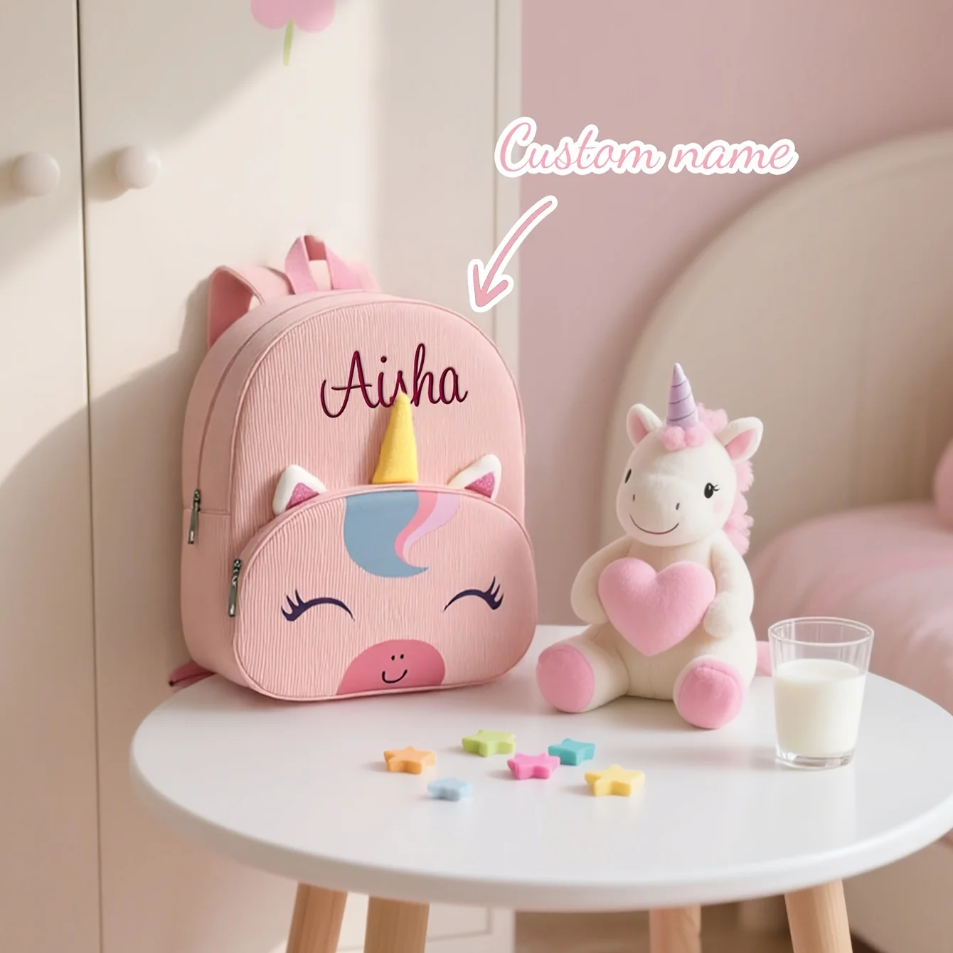 Mochila infantil unicornio personalizada |   Dibujos animados lindo, bordado |   Regalo de Navidad Invierno |   Bolsa de guardería para niños pequeños