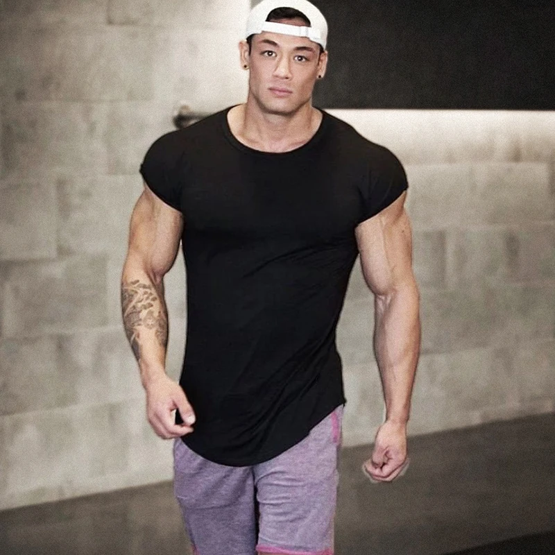 Camisas musculares de entrenamiento de Color sólido para hombre, camiseta de manga pequeña transpirable de algodón para gimnasio y culturismo, camisetas informales de Fitness Hip Hop