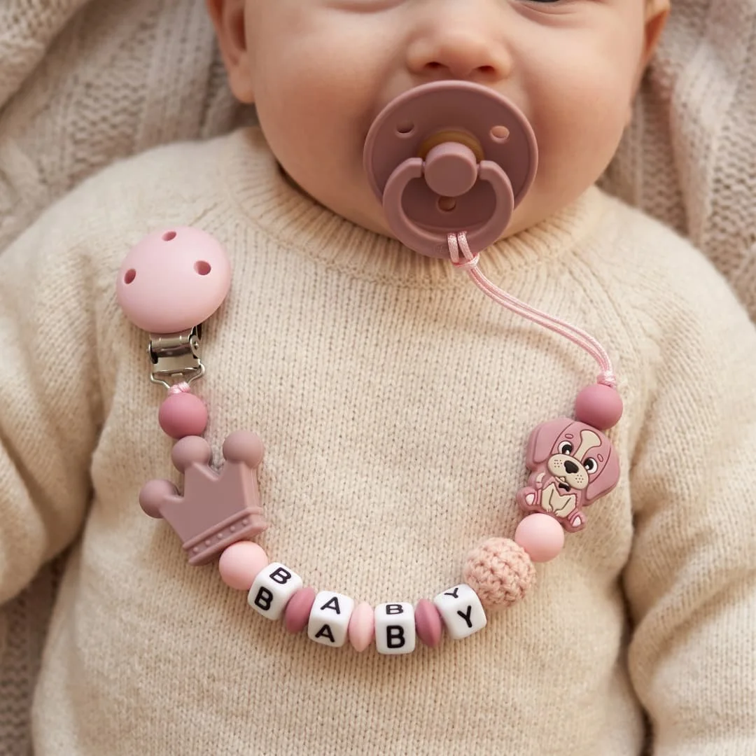 Clip para chupete personalizado con nombre, corona, perro cachorro, soporte para mordedor de bebé, silicona de grado alimenticio, cuentas de ganchillo, sin BPA, regalo para niña