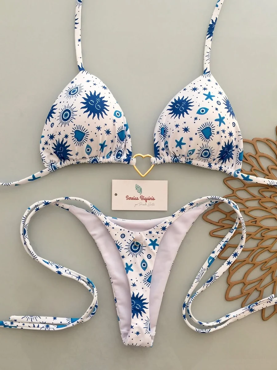 Microbikinis 2026 con realce para mujer, traje de baño con cordón, conjunto de Bikini brasileño, Bikini con cuello Halter, traje de baño Floral, ropa de playa unicolor
