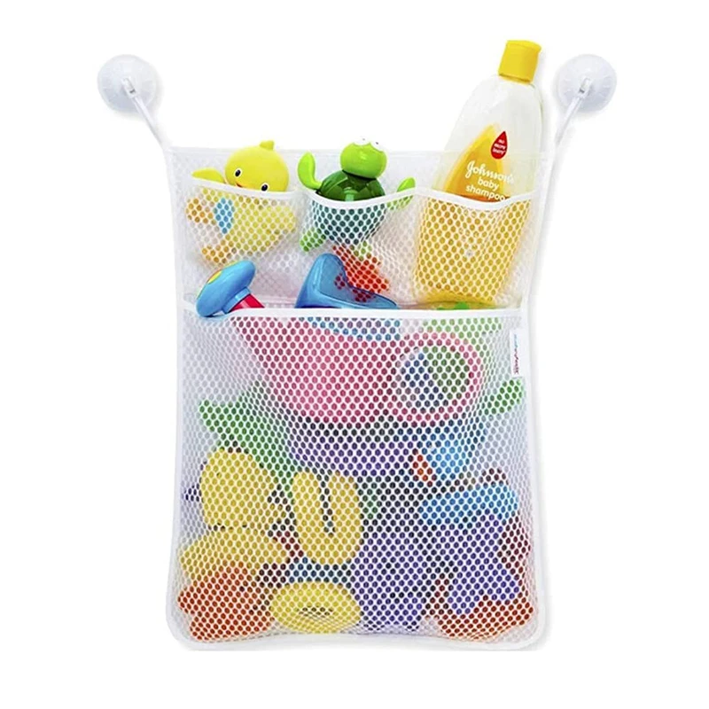 Juguetes de baño para Baby Shower, malla de almacenamiento de juguetes blanca para bebés y niños con fuertes ventosas, bolsa de juguetes, organizador de baño de red para niños pequeños