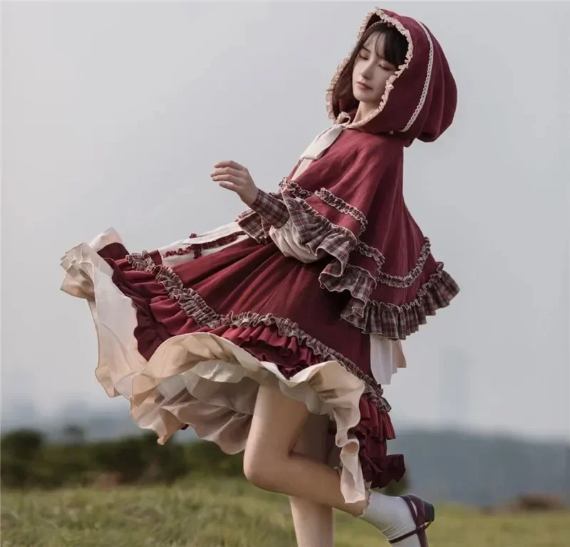 2025 caliente dulce chica Lolita vestido de mujer Vintage Patchwork vestidos rojos con capa lindo femenino Bing Cosplay Caperucita Roja
