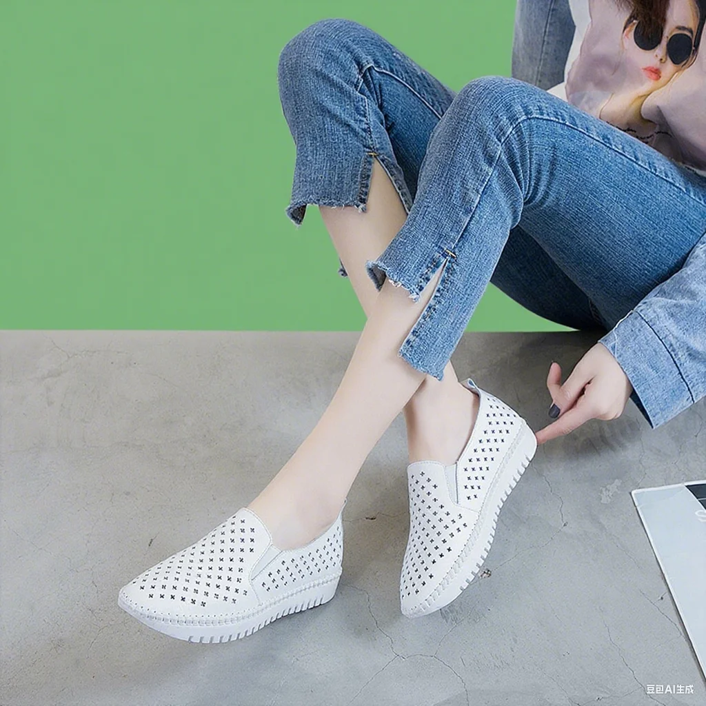 Zapatillas planas de cuero genuino para mujer, mocasines informales para mujer, mocasines huecos, zapatos náuticos de lona con cordones blancos