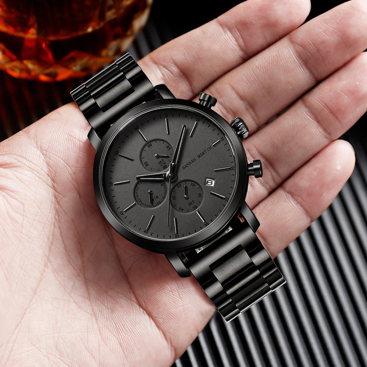 Reloj de marca HANNAH MARTIN para hombre, reloj de pulsera de cuarzo multifuncional deportivo resistente al agua de acero inoxidable negro, reloj Masculino