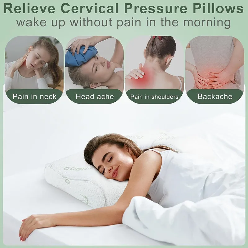 Almohada de bambú, almohada de espuma viscoelástica con funda extraíble con cremallera, almohada de bambú para el cuello para dormir, diseño ergonómico JAF022