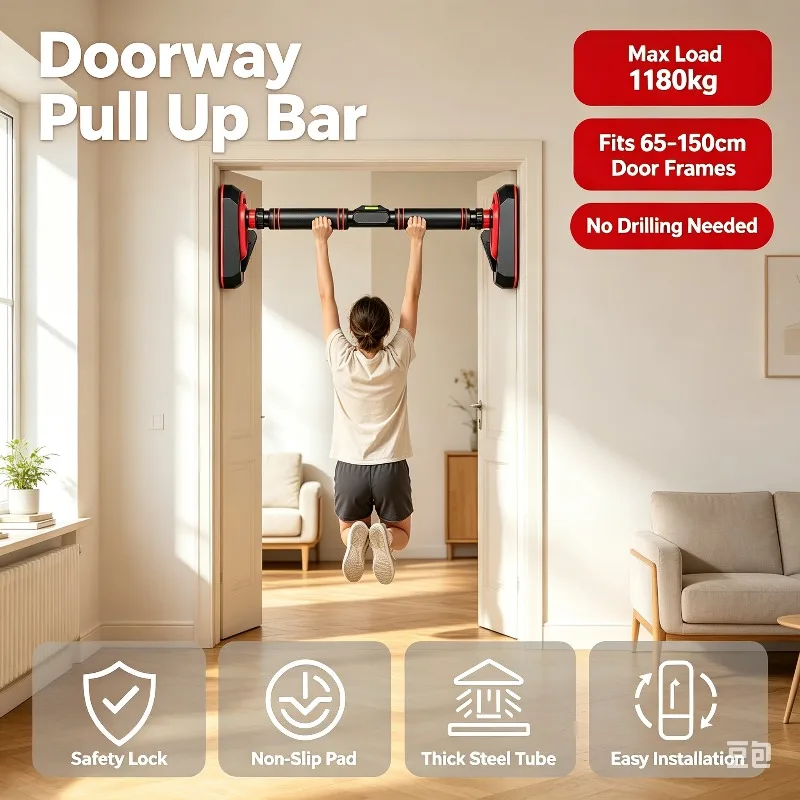 Barra de dominadas sin taladro para puerta, diseño deslizante, ancho ajustable, para fitness en casa, entrenamiento de fuerza.