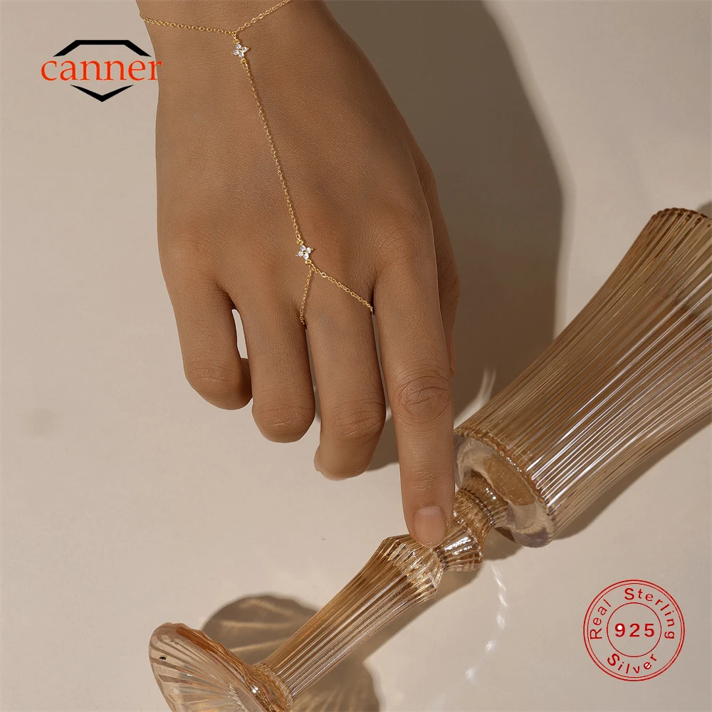 CANNER Pulsera de Cadena con Anillo de Dedo de Plata de Ley 925 con Flor y Trébol de Circonita para Mujer, Cadena de Mano Estilo Ins, Joyería Ojo de Caballo, Regalo para Fiesta