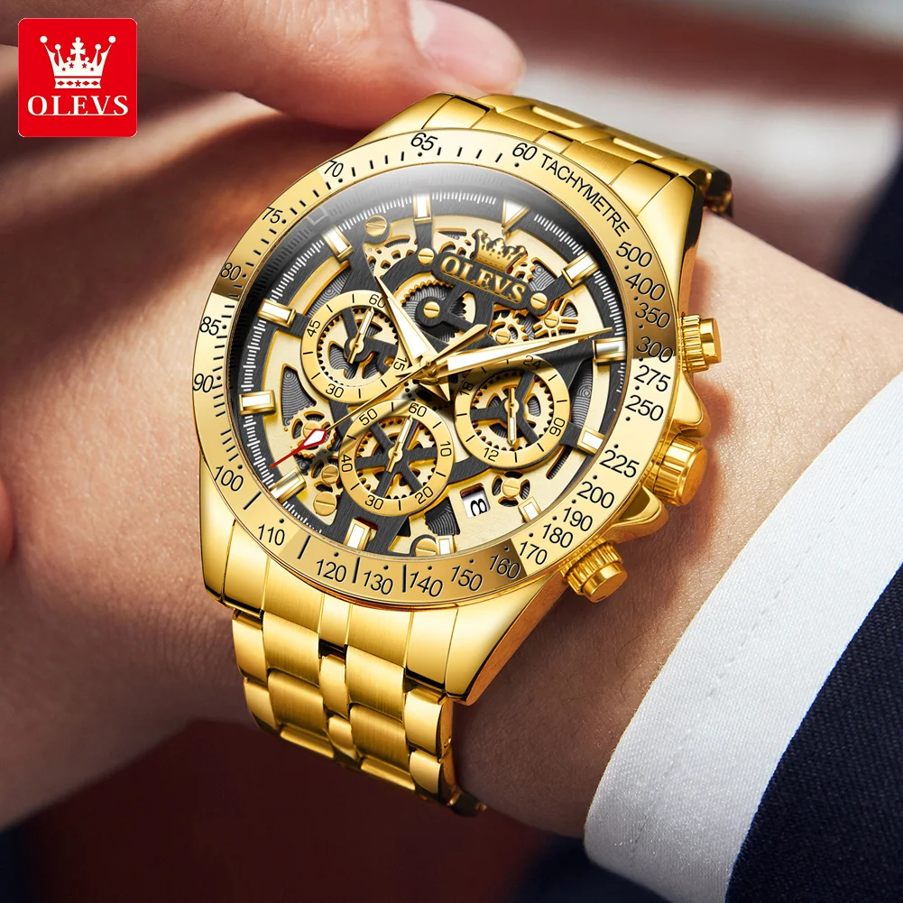 Relojes de hombre OLEVS de lujo, color dorado, con esqueleto completo, cronógrafo de acero inoxidable, resistente al agua, luminoso, de cuarzo.