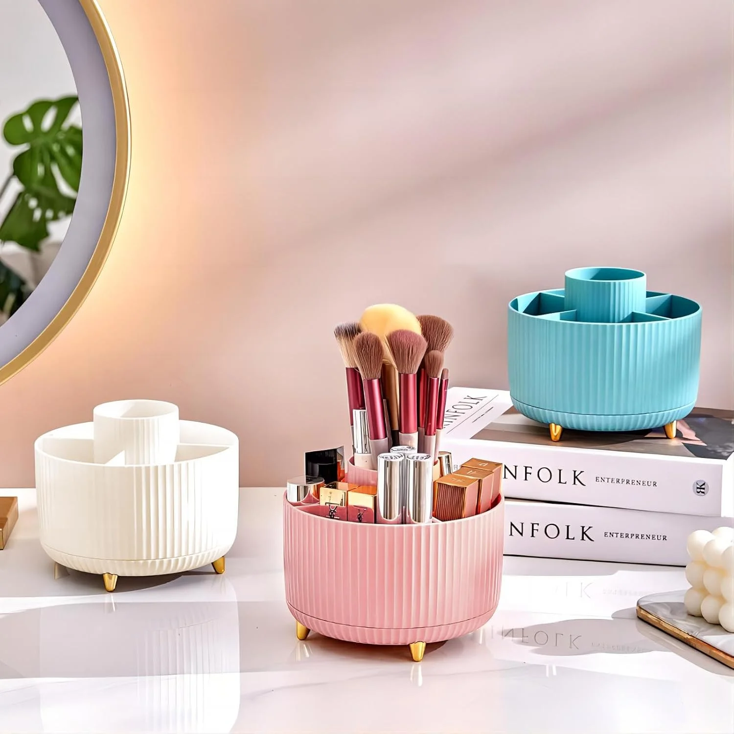 360 °   Caja de almacenamiento de herramientas de maquillaje giratoria, organizador de escritorio, soporte para brochas cosméticas, lápiz labial, ceja, lápiz, contenedor de joyería